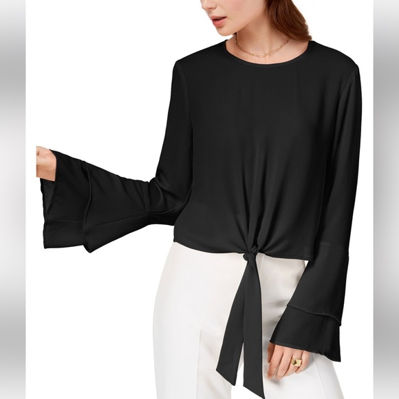 Self 💚 Esteem Bell Sleeve Mid-Crop Pullover Sheer Tie Front Blouse in Jet-black - Picture 8 of 8